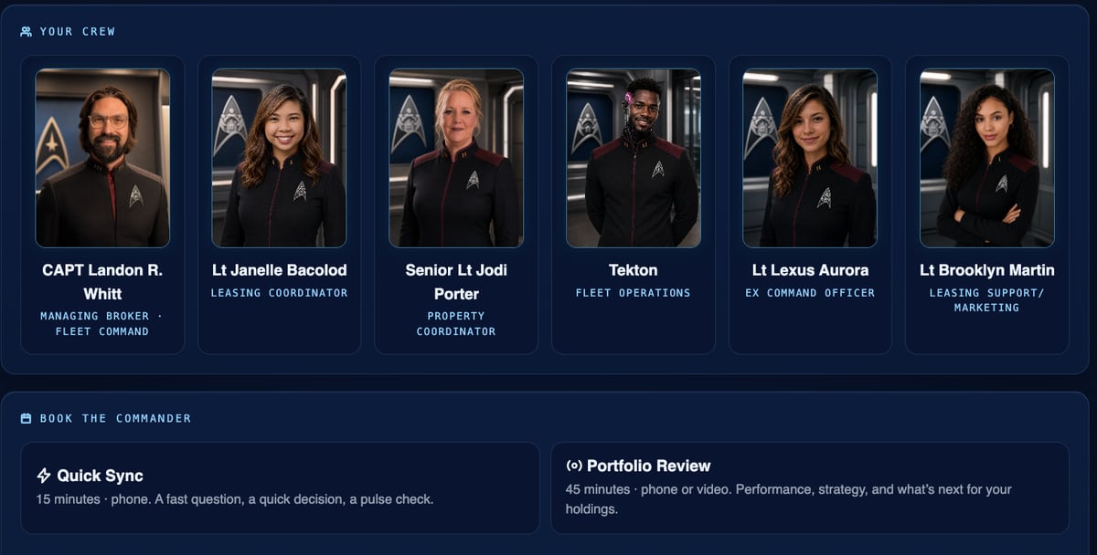 Crew directory and live booking calendar for time with the managing broker
