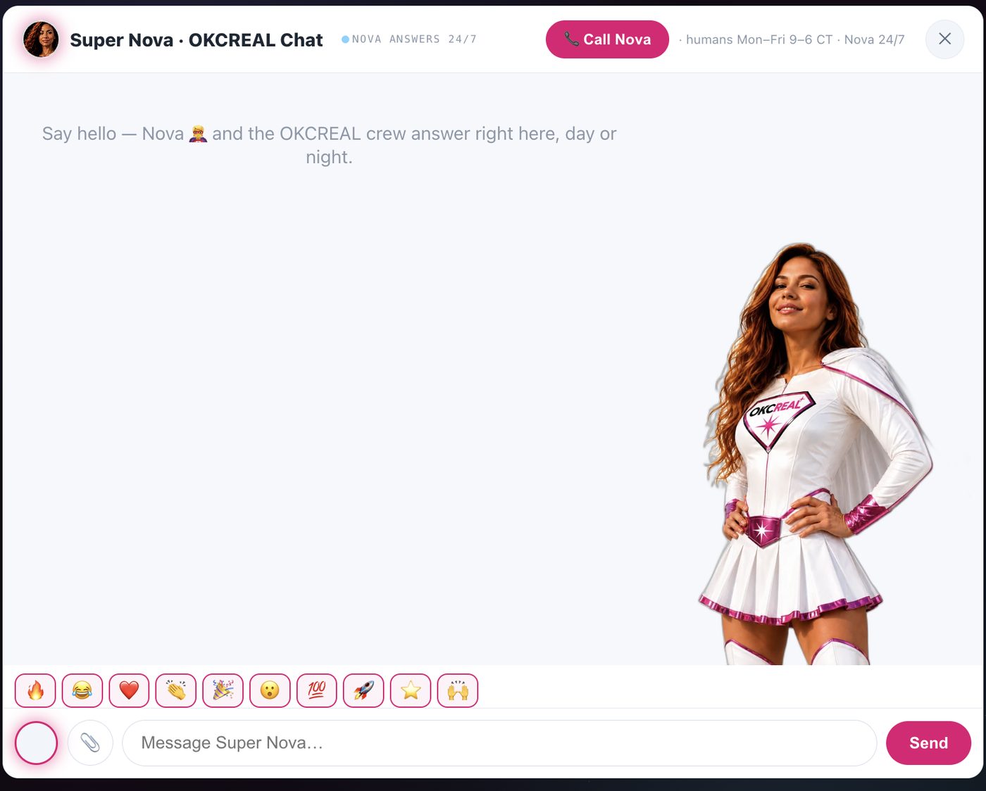 myOKCREAL chat window with Super Nova, the OKCREAL assistant, available day or night