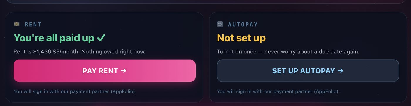 myOKCREAL rent and autopay cards showing a paid-up balance and an autopay setup option