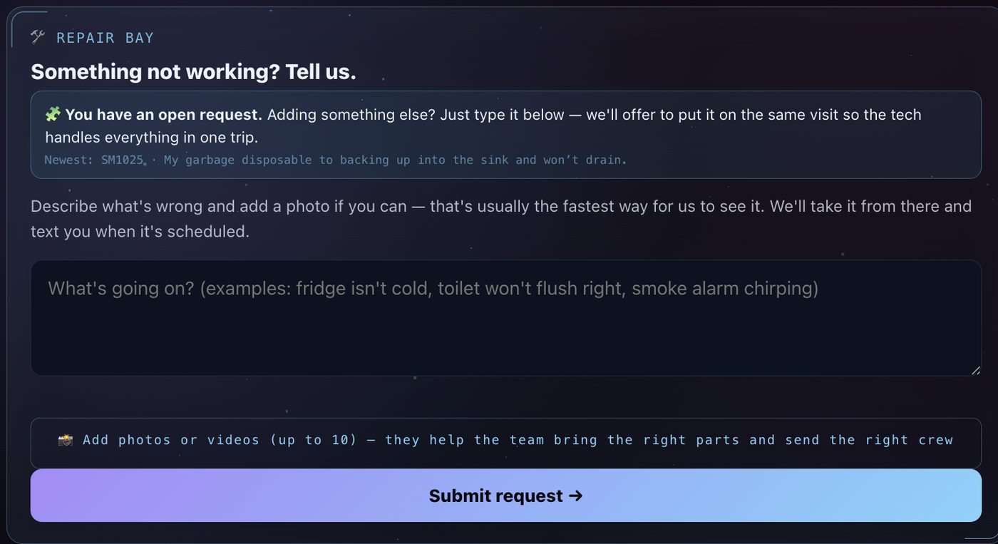 myOKCREAL repair request screen with a description box and photo upload