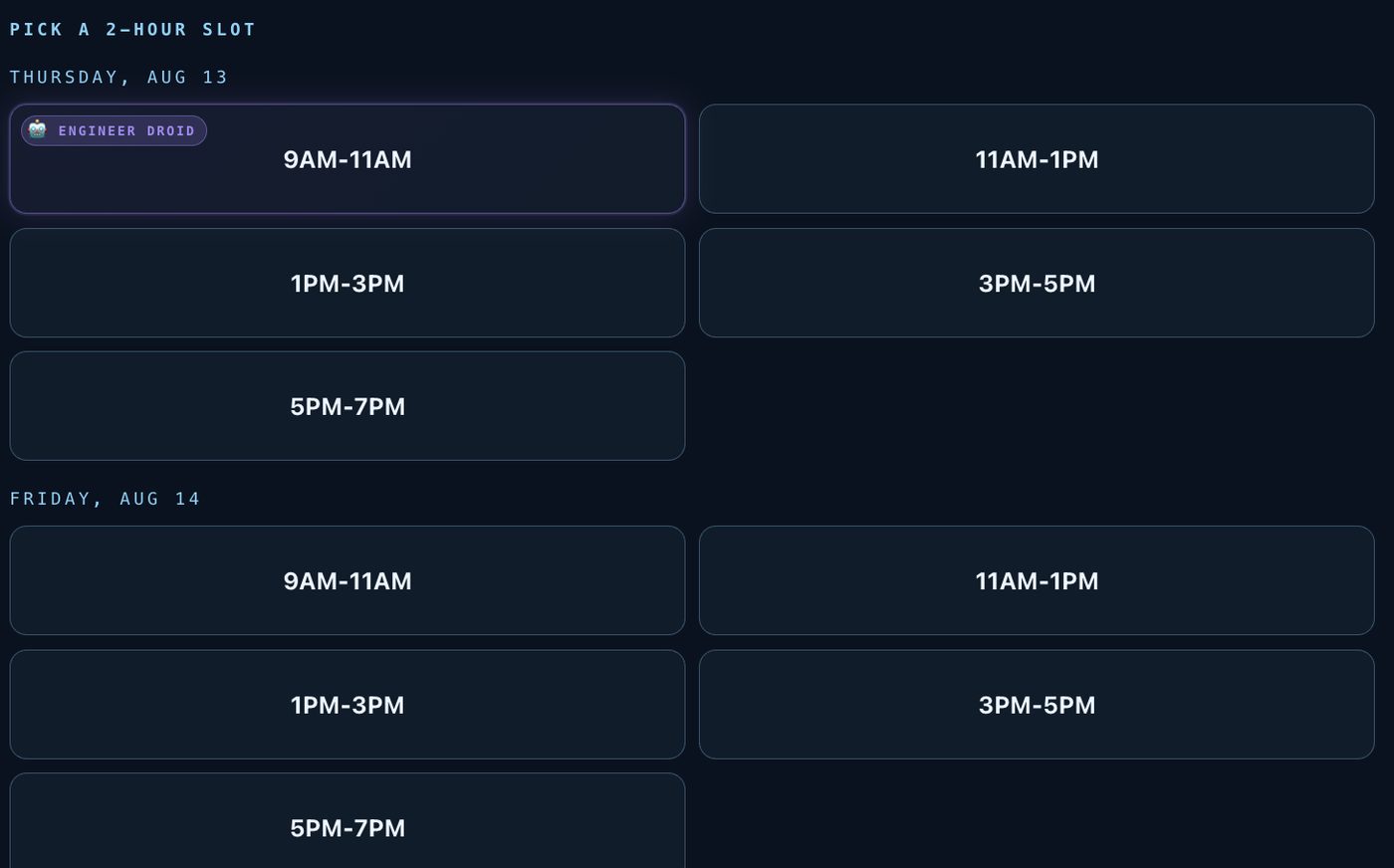 myOKCREAL appointment screen showing selectable two-hour repair windows across several days