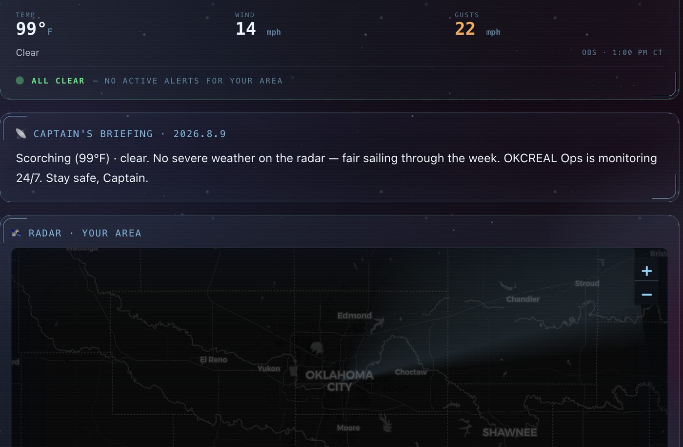 myOKCREAL weather screen showing current conditions, an all-clear alert status and live radar for the Oklahoma City area