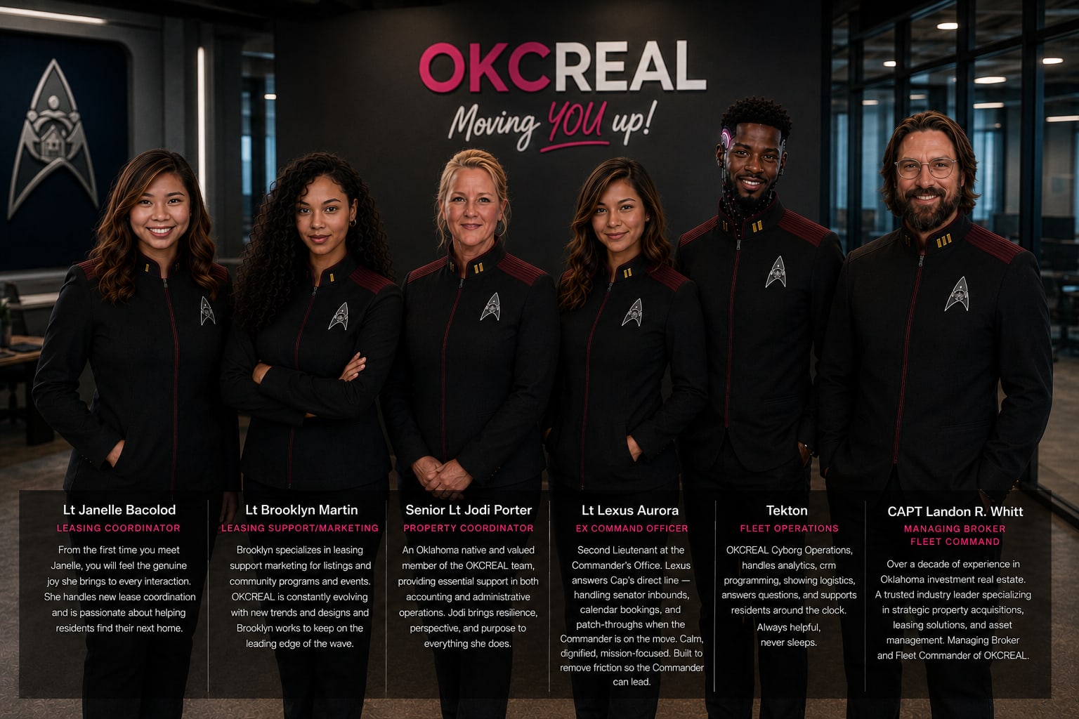The OKCREAL crew in uniform. Move your cursor across the photo to see the same team in their everyday clothes.